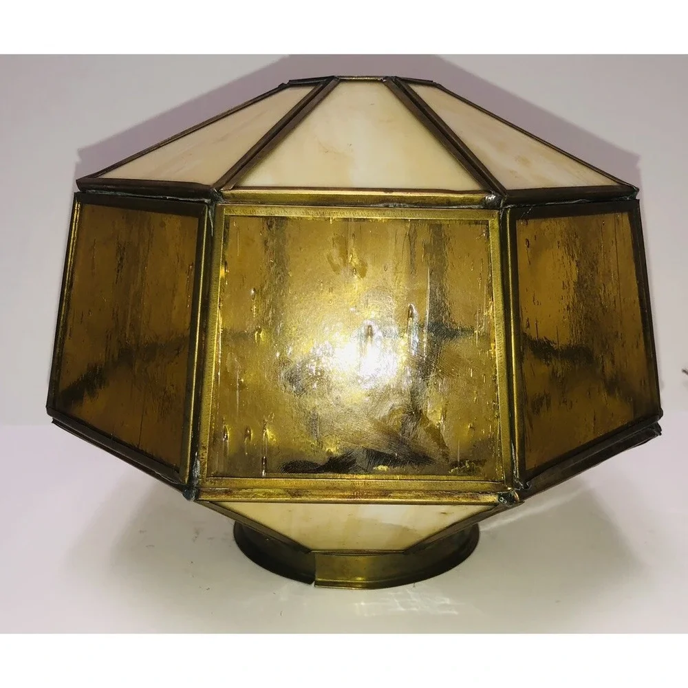 Vintage Amber Caramel Stained Glass Panels Lamp‎ Shade Ceiling Hanging Octagon